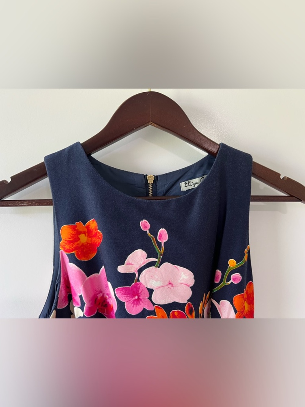 Eliza J Navy Floral Fit and Flare Cocktail Dress with Pink & Orange Blooms Sz 2 - Picture 4 of 7